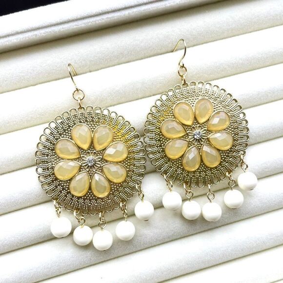 Yellow Gold with Champagne Crystal and White Beaded Medallion Hook Earrings - Picture 6 of 10